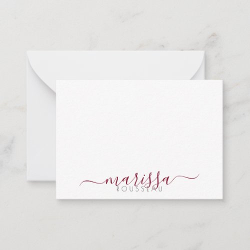 Elegant Modern Script Burgundy Monogram Name  Note Card