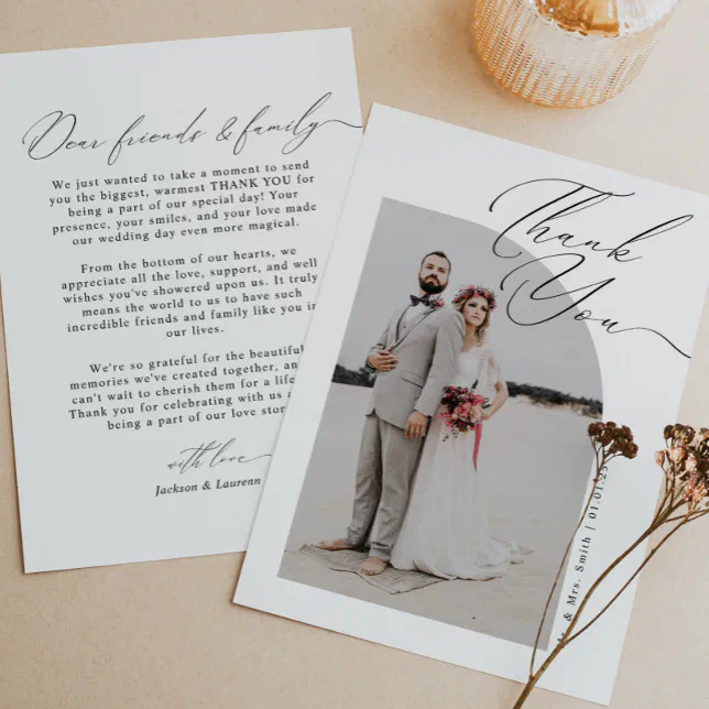 Elegant Modern Script Calligraphy Photo Wedding Thank You Card | Zazzle