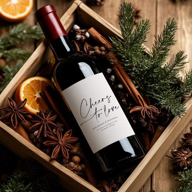 Elegant Modern Script “Cheers to Love” Wedding Win Wine Label (Creator Uploaded)