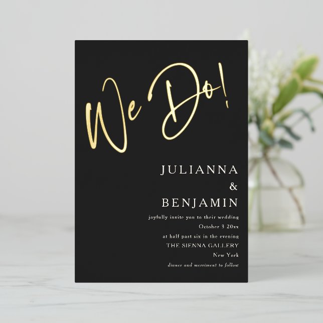 Elegant Modern Script Classy Wedding Black Gold Foil Invitation (Standing Front)