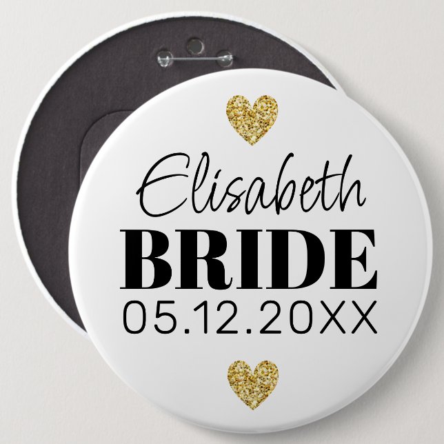  Elegant Modern Script Cute Glitter Hearts Custom Button (Front & Back)