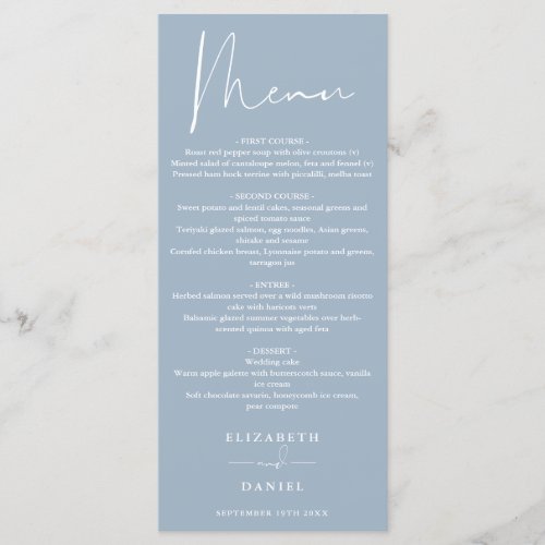 Elegant Modern Script Dusty Blue Wedding Dinner Menu