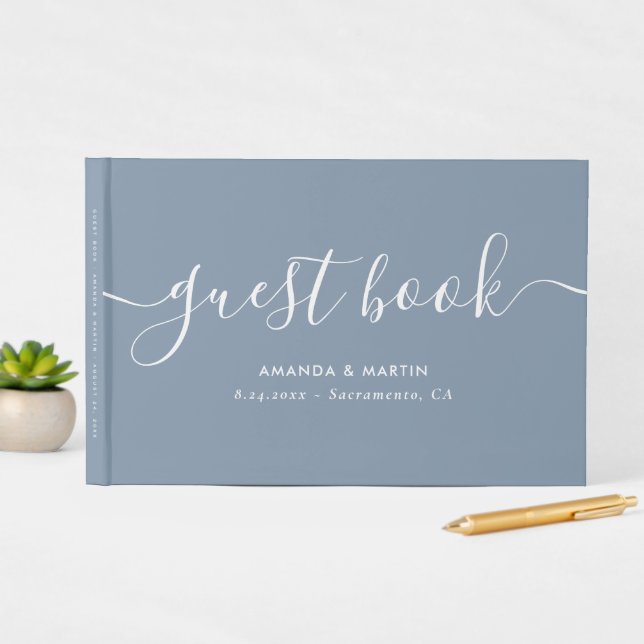Elegant Modern Script Dusty Blue Wedding Guest Book (InSitu Display)