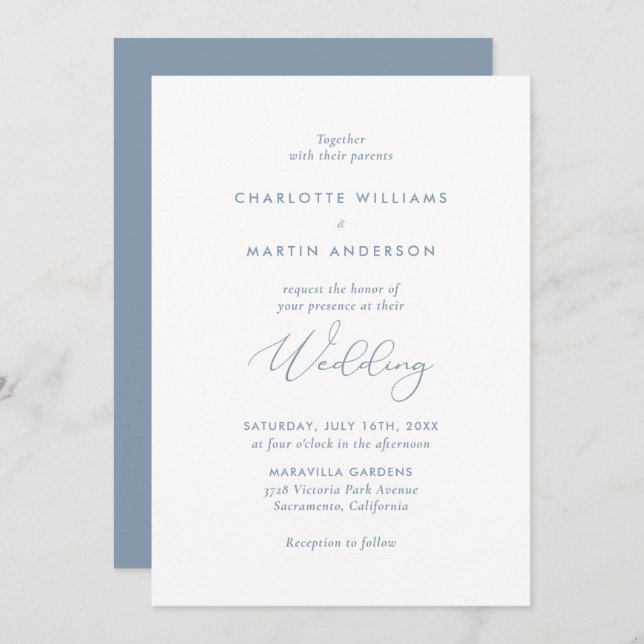 Elegant Modern Script Dusty Blue Wedding Invitation (Front/Back)