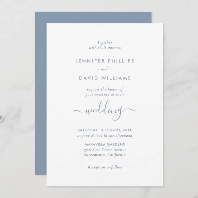 Elegant Modern Script Dusty Blue Wedding Invitation | Zazzle