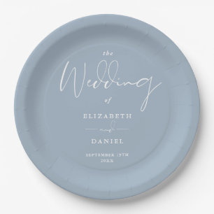 Elegant Modern Script Dusty Blue Wedding Paper Plates