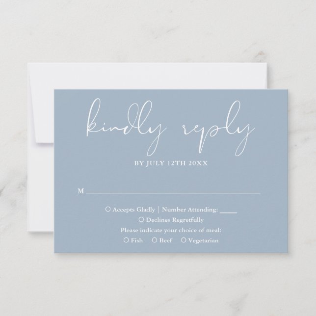 Elegant Modern Script Dusty Blue Wedding RSVP Card (Front)