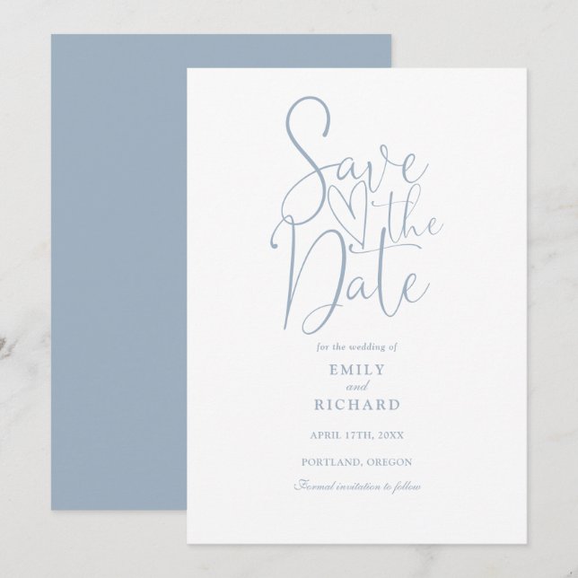 Elegant Modern Script Dusty Blue Wedding Save The Date (Front/Back)