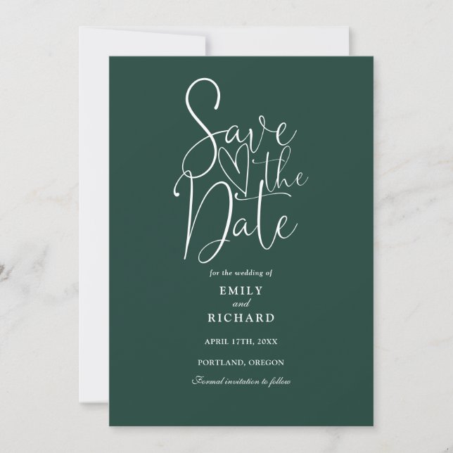Elegant Modern Script Emerald Green Wedding Save The Date (Front)