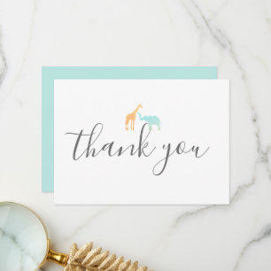 Elegant Modern Script Giraffe Elephant Baby Shower Thank You Card