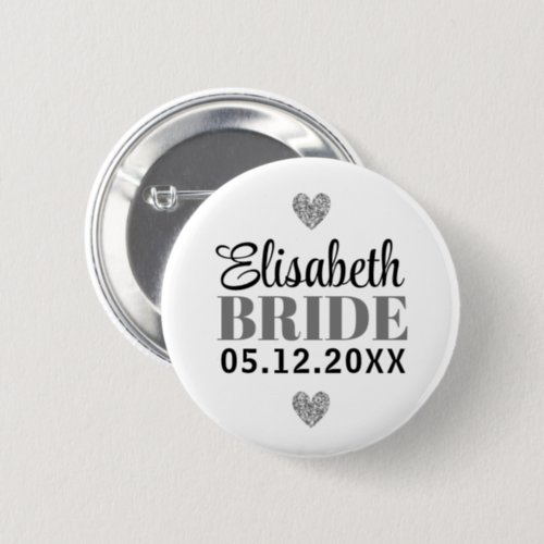   Elegant Modern Script Glitter Hearts Grey Bridal Button