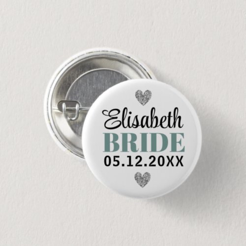   Elegant Modern Script Glitter Hearts Grey Bridal Button