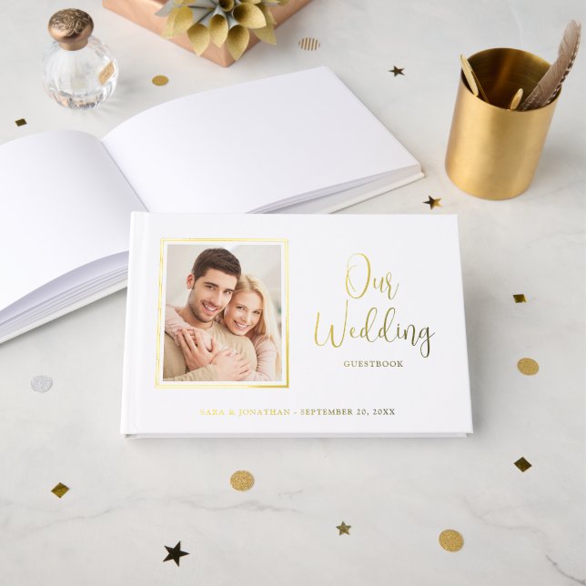Elegant Modern Script Gold Foil Photo Wedding Foil Guest Book (Front Open)