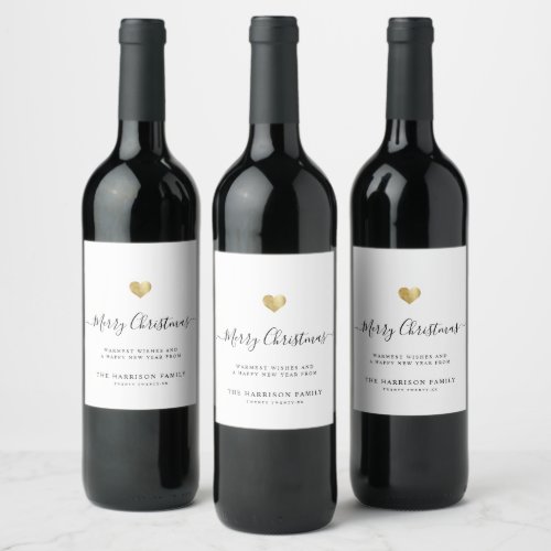 Elegant Modern Script Gold Heart Merry Christmas Wine Label