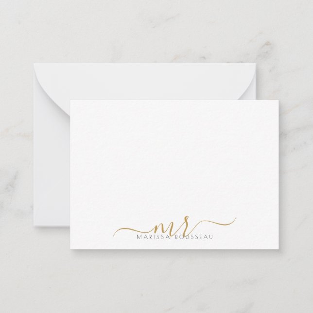 Elegant Modern Script Gold Monogram Initials Note Card (Front)