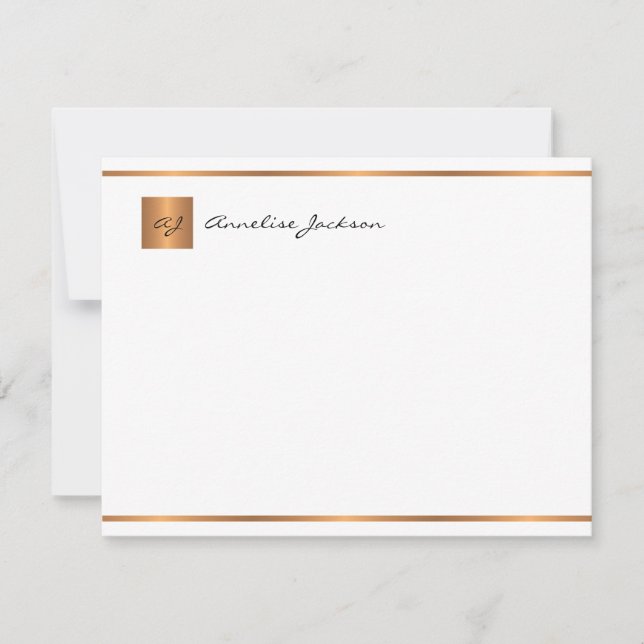 Elegant modern script gold monogram name note card (Front)