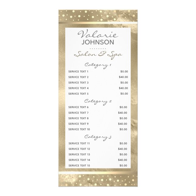 Elegant Modern Script Gold Salon Spa 5 Service Rack Card (Front)