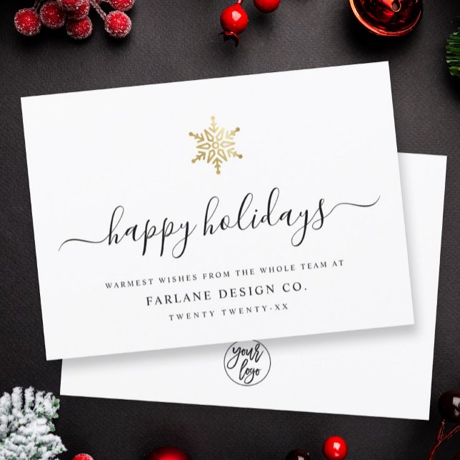 Elegant Modern Script Gold Snowflake Corporate Holiday Card (Creator Uploaded)