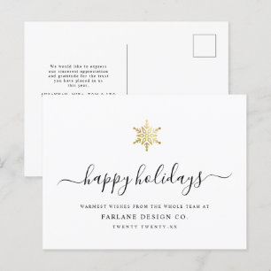 Elegant Modern Script Gold Snowflake Corporate Holiday Postcard