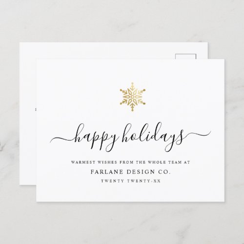 Elegant Modern Script Gold Snowflake Corporate Holiday Postcard
