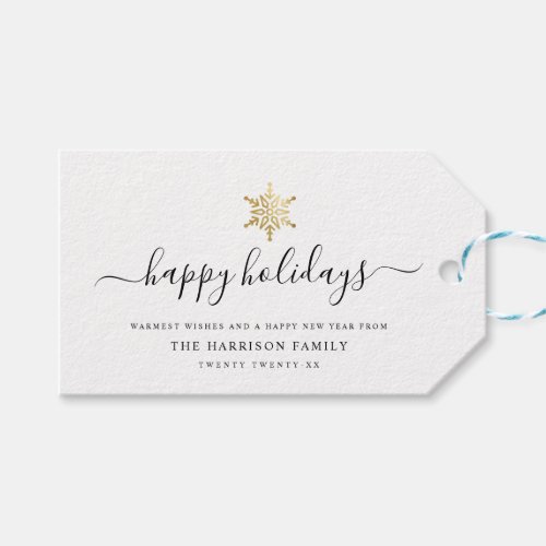 Elegant Modern Script Gold Snowflake Happy Holiday Gift Tags