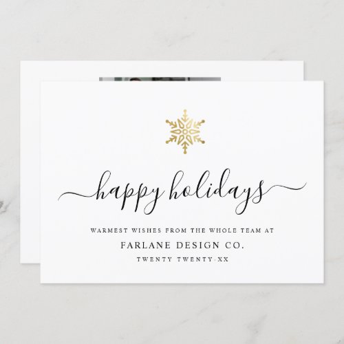 Elegant Modern Script Gold Snowflake Photo Logo Holiday Card