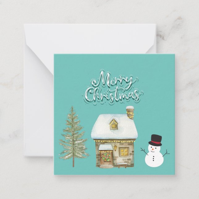 Elegant modern script graphic winter snowman blue  note card (Front)