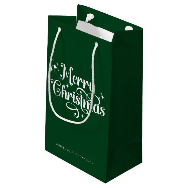 Elegant Modern Script Green Merry Christmas Small Gift Bag (Back Angled)