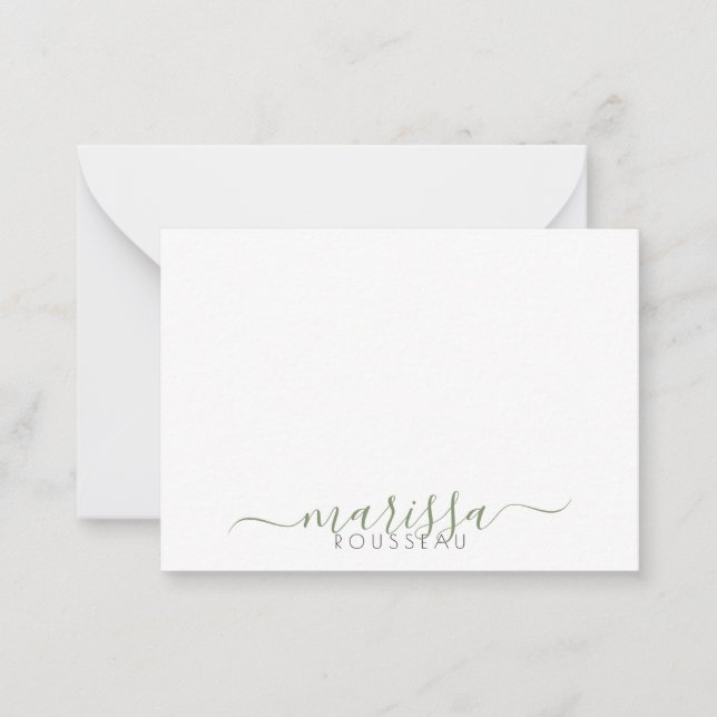 Elegant Modern Script Green Monogram Name Note Card (Front)