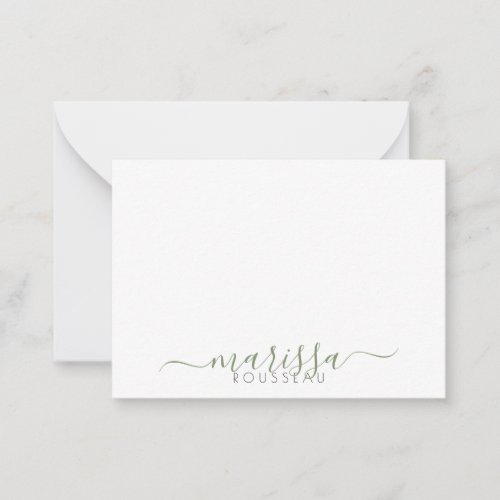 Elegant Modern Script Green Monogram Name Note Card