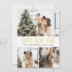 Elegant Modern Script Happy New Year 3 Collage Holiday Card