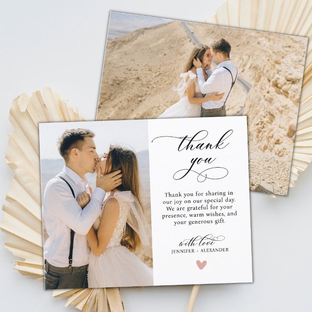 Elegant Modern Script Heart Photo Wedding Thank You Card (Creator Uploaded)