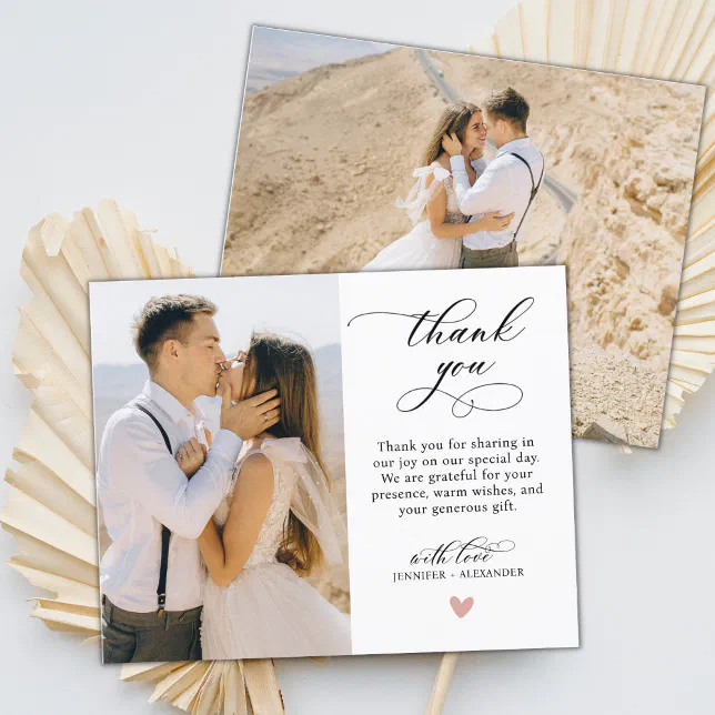 Elegant Modern Script Heart Photo Wedding Thank You Card | Zazzle