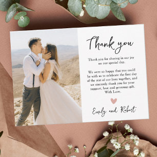Elegant Modern Script Heart Photo Wedding Thank You Card