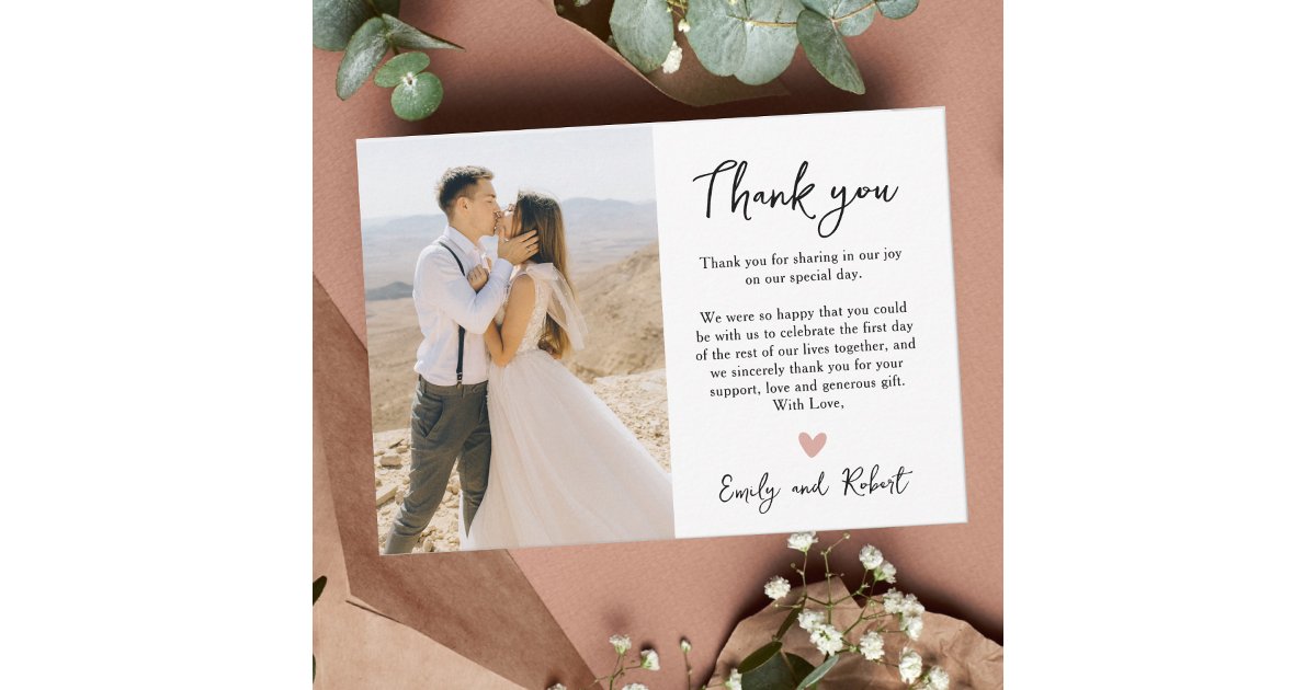 Elegant Modern Script Heart Photo Wedding Thank You Card | Zazzle
