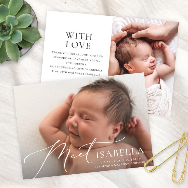 Elegant Modern Script Meet Two Photo Birth Announcement (Creator Uploaded)