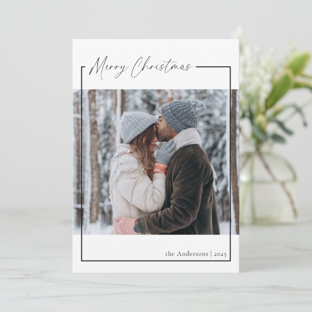 Elegant Modern Script Merry Christmas Photo  Holiday Card (Standing Front)