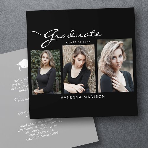 Elegant Modern Script Minimal  3 Photo Graduation Announcement