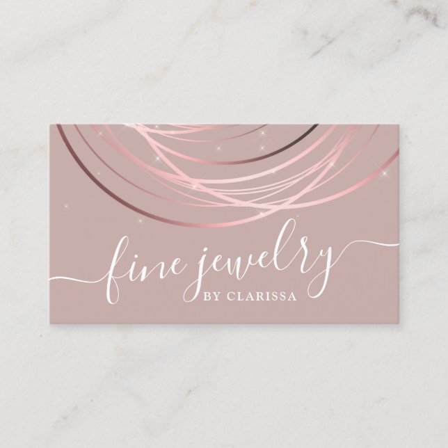 Elegant modern script minimal rose gold jewelry business card (Front)
