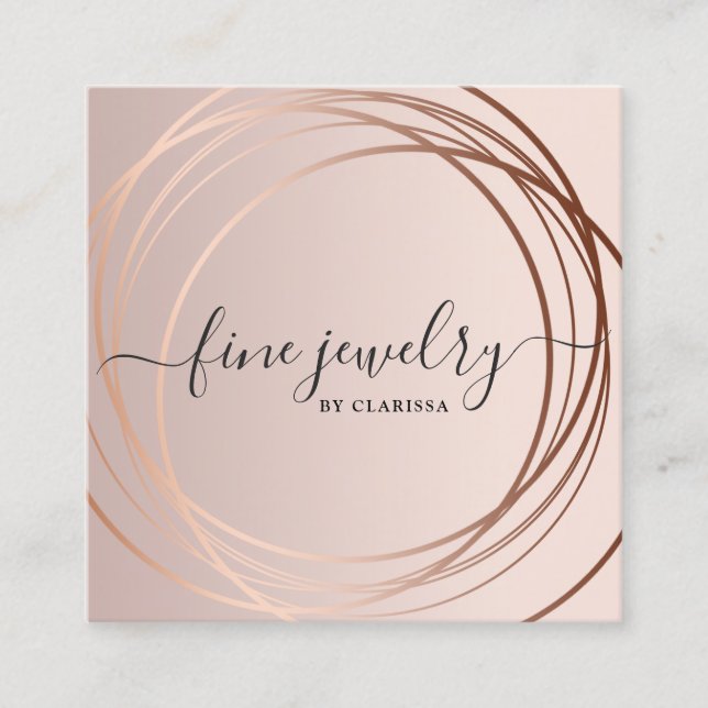 Elegant modern script minimal rose gold jewelry square business card (Front)