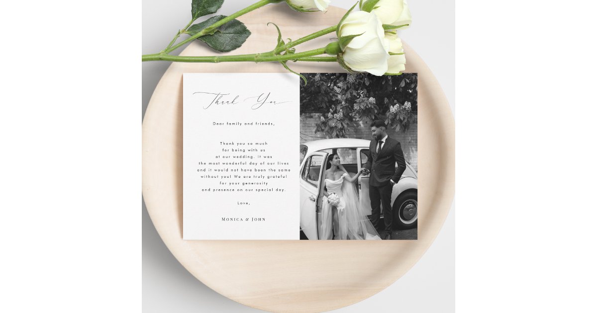 Elegant Modern Script Minimalist 2 Photo Wedding Thank You Card | Zazzle