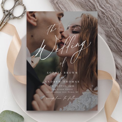 Elegant modern script minimalist photo wedding invitation