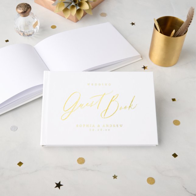 Elegant modern script minimalist wedding  foil guest book  (Front Open)