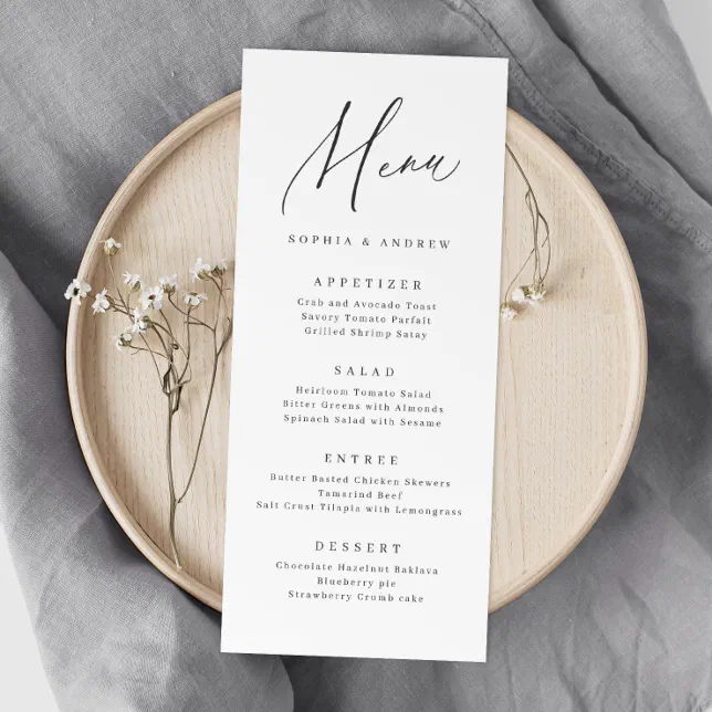 Elegant modern script minimalist wedding menu | Zazzle