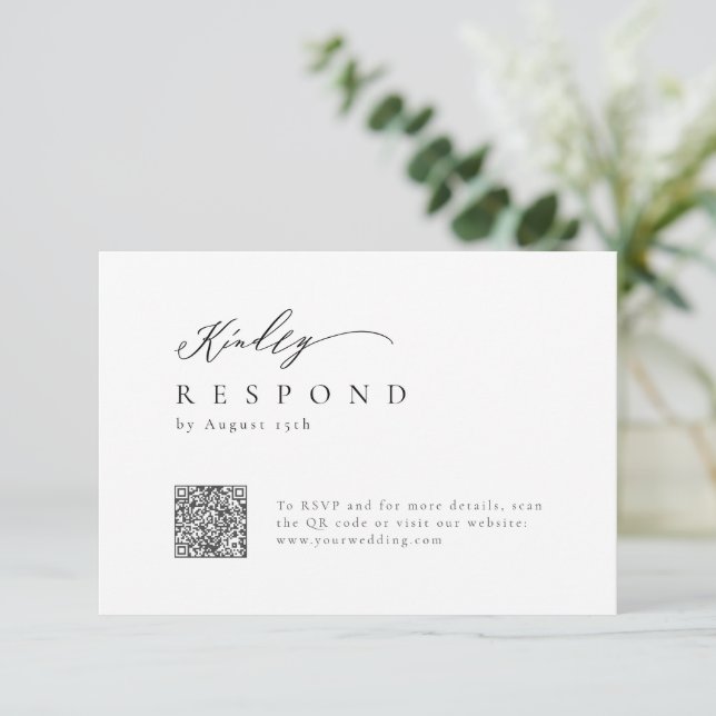 Elegant modern script minimalist wedding QR code RSVP Card (Standing Front)