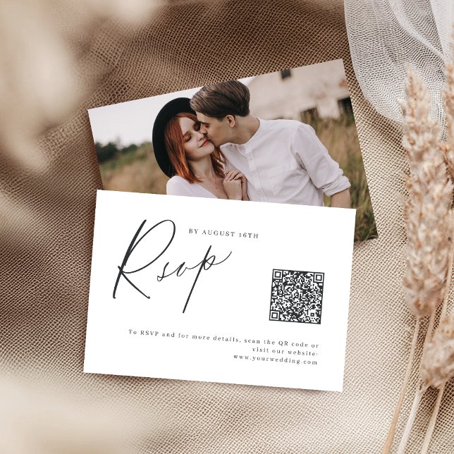 Elegant modern script minimalist wedding QR code RSVP Card (Elegant modern script minimalist wedding QR code RSVP Card)