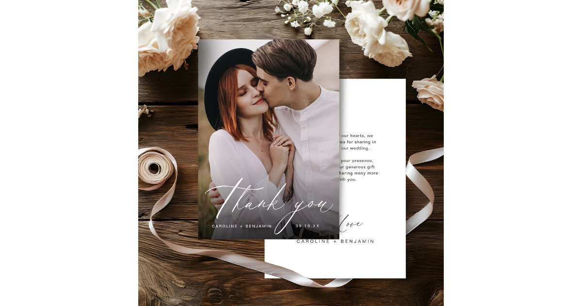 Elegant modern script minimalist wedding thank you card | Zazzle