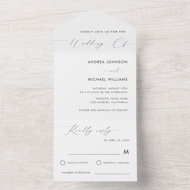 Elegant Modern Script Minimalist White Wedding All In One Invitation (Inside)