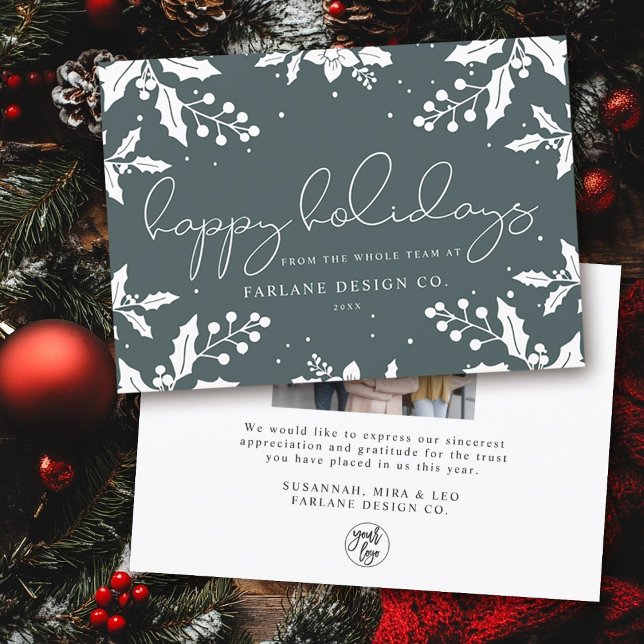 Elegant Modern Script Mistletoe Photo Logo Happy Holiday Card (Creator Uploaded)