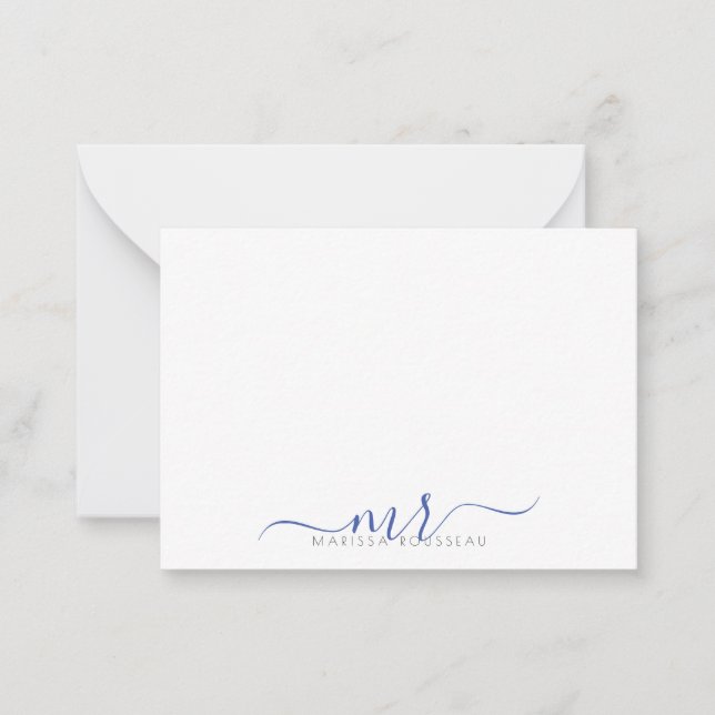 Elegant Modern Script Monogram Blue Initials Note Card (Front)